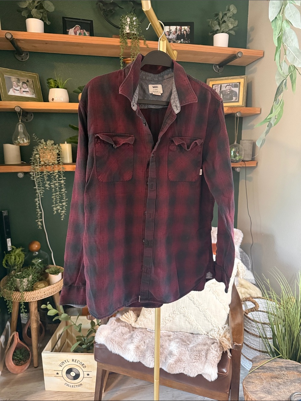 Vans Men's Burgundy Plaid Button-Up Shirt Jacket